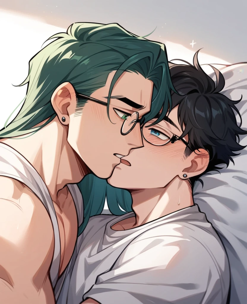 (2 guys, gay couple) (Male,5'4,pierced ears,light skin,blue eyes, white long hair half up half down) and (Male,5'8,glasses,light skin,green eyes,messy black hair,hogwar)