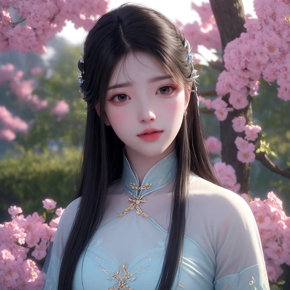 (best quality,ultra-detailed,photorealistic:1.37),vivid colors,studio lighting,beautiful detailed eyes,beautiful detailed lips,extremely detailed eyes and face,long eyelashes,portraits,black hair,confident expression,feminine,standing in a garden,soft sunlight, scenery,flower blossoms,peaceful atmosphere,artistic touch,textured brushstrokes,subtle color variations,brilliant white highlights,delicate movements,graceful pose,slight breeze,rustling leaves,sophisticated style,professional artwork,female beauty.