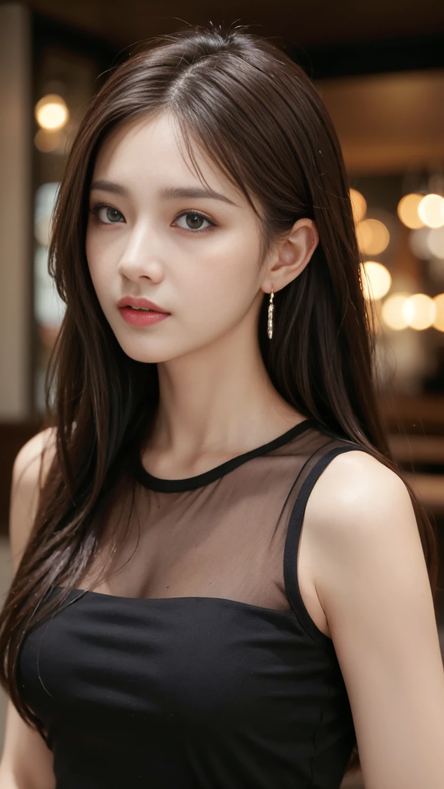 masterpiece, Highest quality, Realistic, Very detailed, Finer details, High resolution, 8k wallpaper, One beautiful woman, Wear an elegant black see-through shirt, In a great restaurant, At night, Light brown messy hair, Perfect dynamic composition, Beautiful and beautiful eyes、Big earrings、Sleeveless shirt、