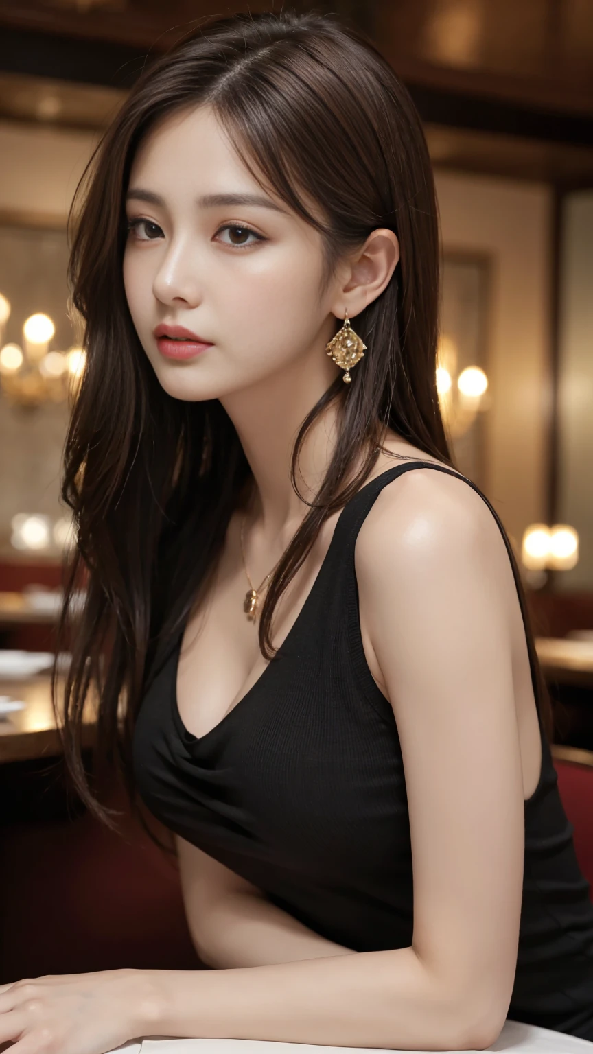 masterpiece, Highest quality, Realistic, Very detailed, Finer details, High resolution, 8k wallpaper, One beautiful woman, Wear an elegant black see-through shirt, In a great restaurant, At night, Light brown messy hair, Perfect dynamic composition, Beautiful and beautiful eyes、Big earrings、Sleeveless shirt、