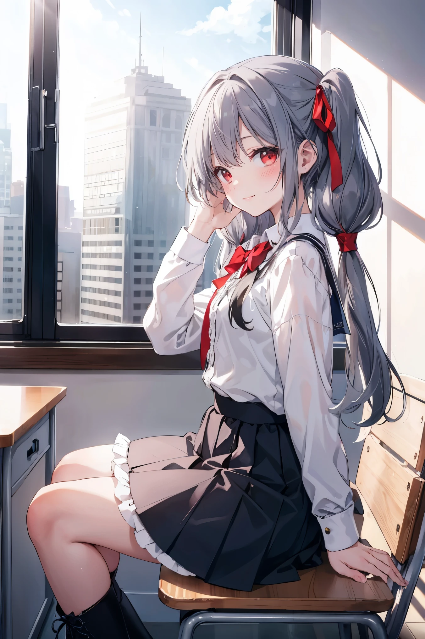 (masterpiece), (Highest quality), (figure), (Beautiful details), (High resolution), One girl, alone, View your viewers,
Sitting, Sitting on desk, From the side, put your hand on your face, 
Day没, Day, School,
(Tuxedo), Long Hair, Red eyes, (Gray Hair), Low twin tails,
Frills, ribbon, Lace-up boots, black hair ribbon, White shirt,
smile, blush,
indoor, window, [building]