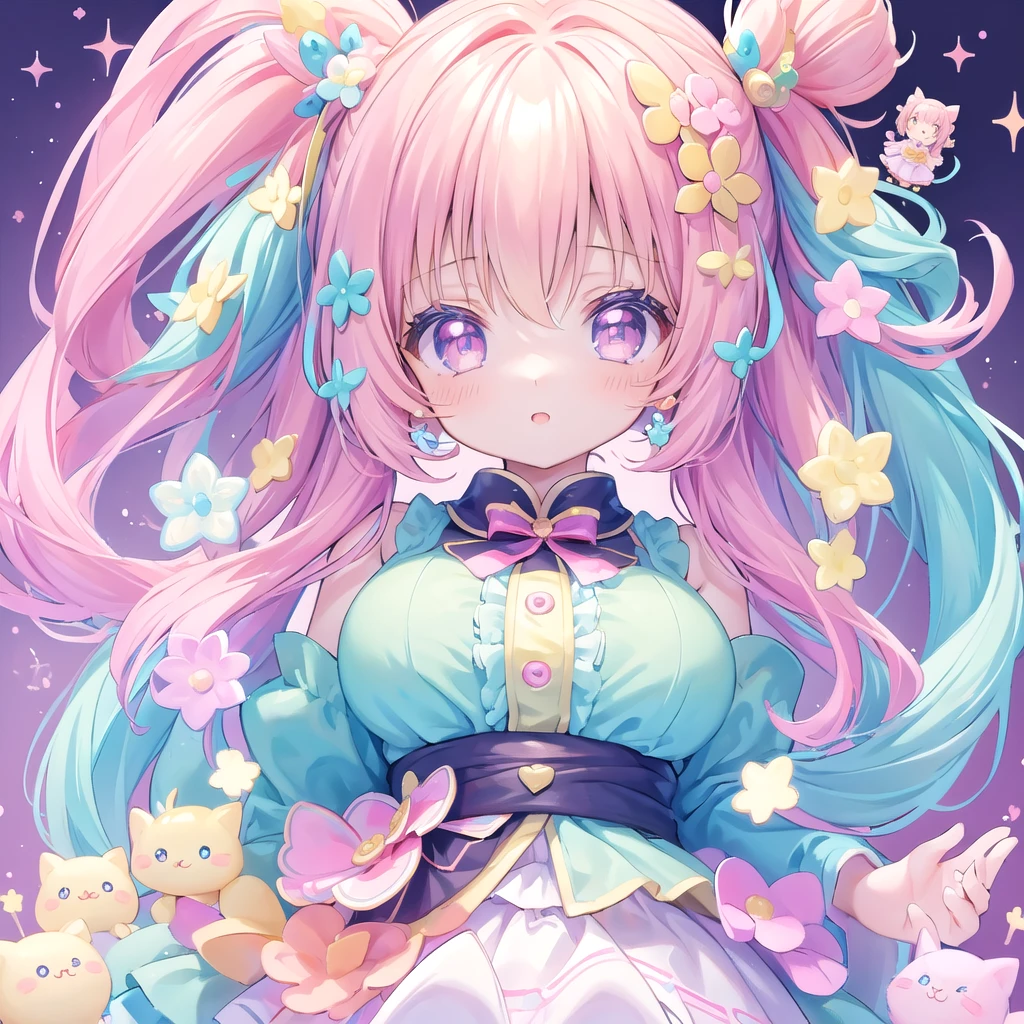 masterpiece, (million 2girls and 2girls and 2girls and 2girls), idol, closeup, big eyes, kawaiitech, kawaii, cute, pastel colors, best quality, happy, deep background, symmetrical, tilted head, spring、笑う