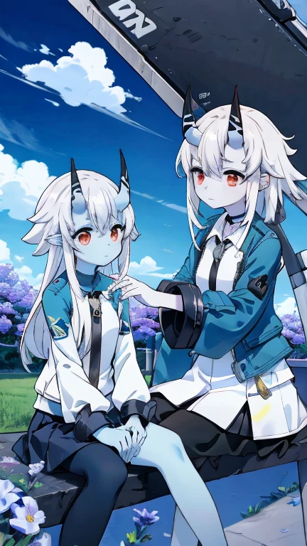 1 girl, white frill dress, blue flower field, sunlight, blue sky, buzzer, white beret, brown hair, Blue eyes, princess long hair, short height, she sits barefoot on flowers, soukaku (zenless zone zero) Ashen Horns Zero,