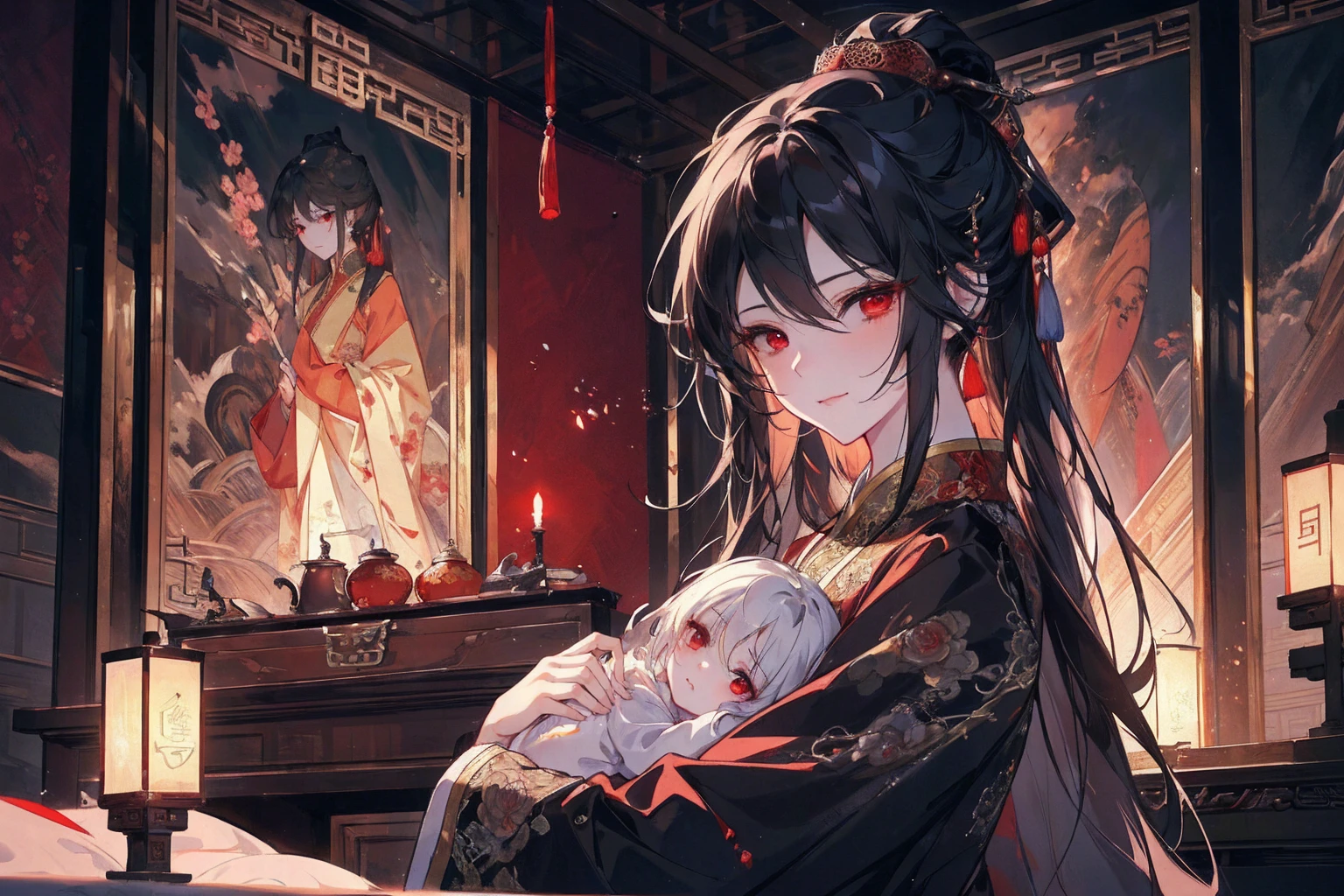 (extremely detailed 8K wallpaper),(ultra-detailed),(best quality),(masterpiece),(highly detailed),(cinematic lighting),(Original),Cold ligh,moody,(Chinese elaborate-style painting ),ink style, black hair, red eyes, sweet smile, sad face, holding her little baby