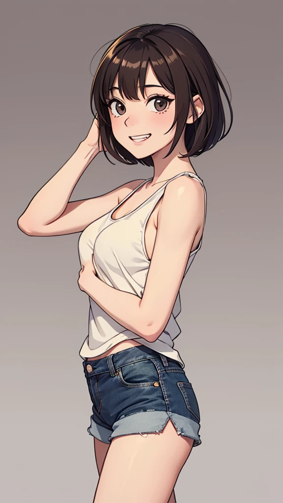 (((masterpiece, best quality, ultra highres, 1 girl, solo, no background))), super detailed skin and face and eyes and finger, beautiful japanese woman, small breasts:1.5, skinny, light brown hair, white background, very short pixie hair, Knee shot, Generate with illustrations, Various expressions, Various poses, Please draw the entire character within the frame, ensuring that the head, arms, and legs are not cut off. The background should be simple, with the character positioned centrally, outline, anime, 2d, boyish, smile showing teeth, tank top, denim shorts,