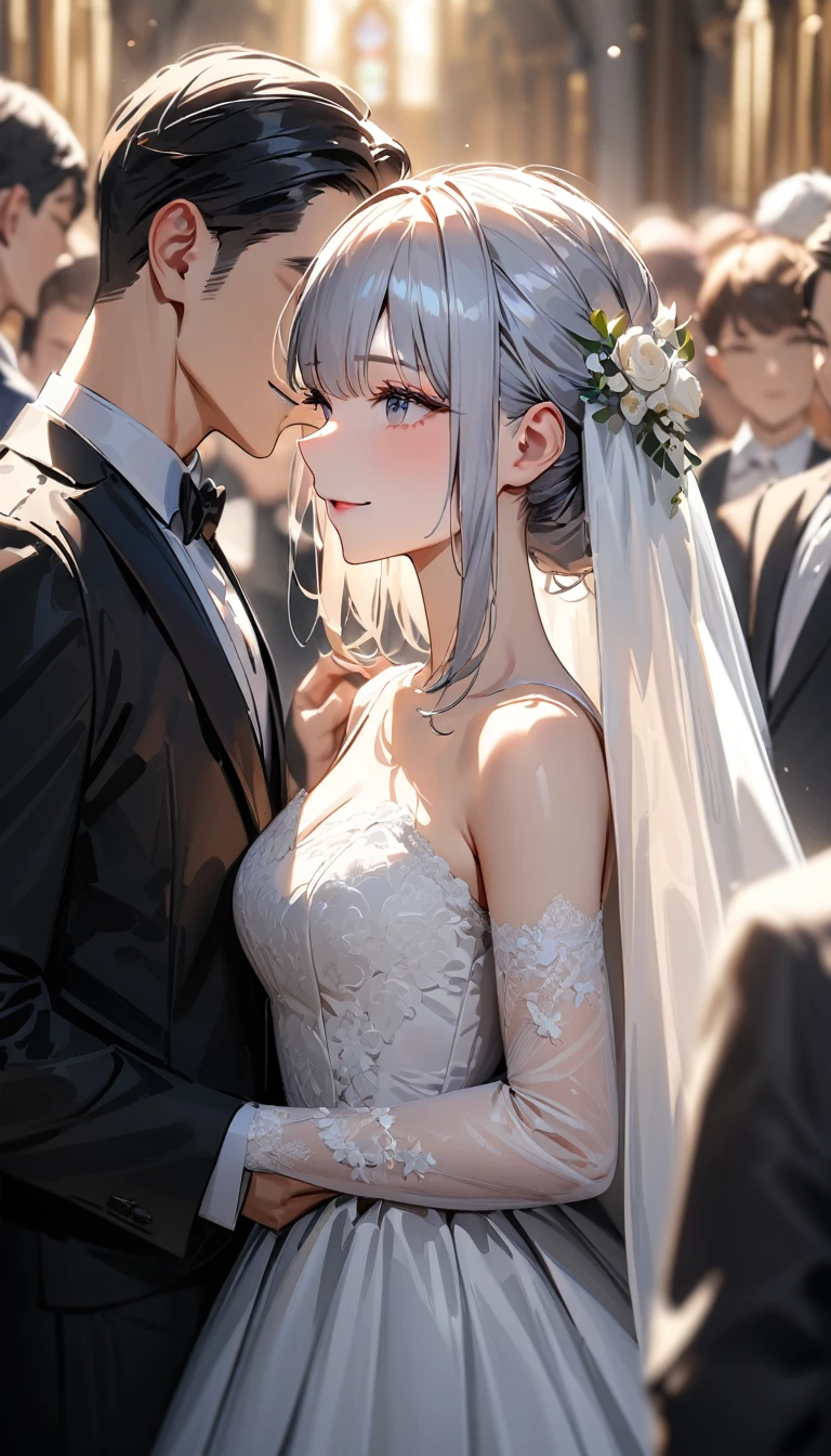 masterpiece , modern, Verism, masterpiece, super detail, best quality,4K , (((head shot))),Beautiful man and woman wedding, Lined up next to each other,People who bless those around,Inside the church,Happy atmosphere,Blurred background
