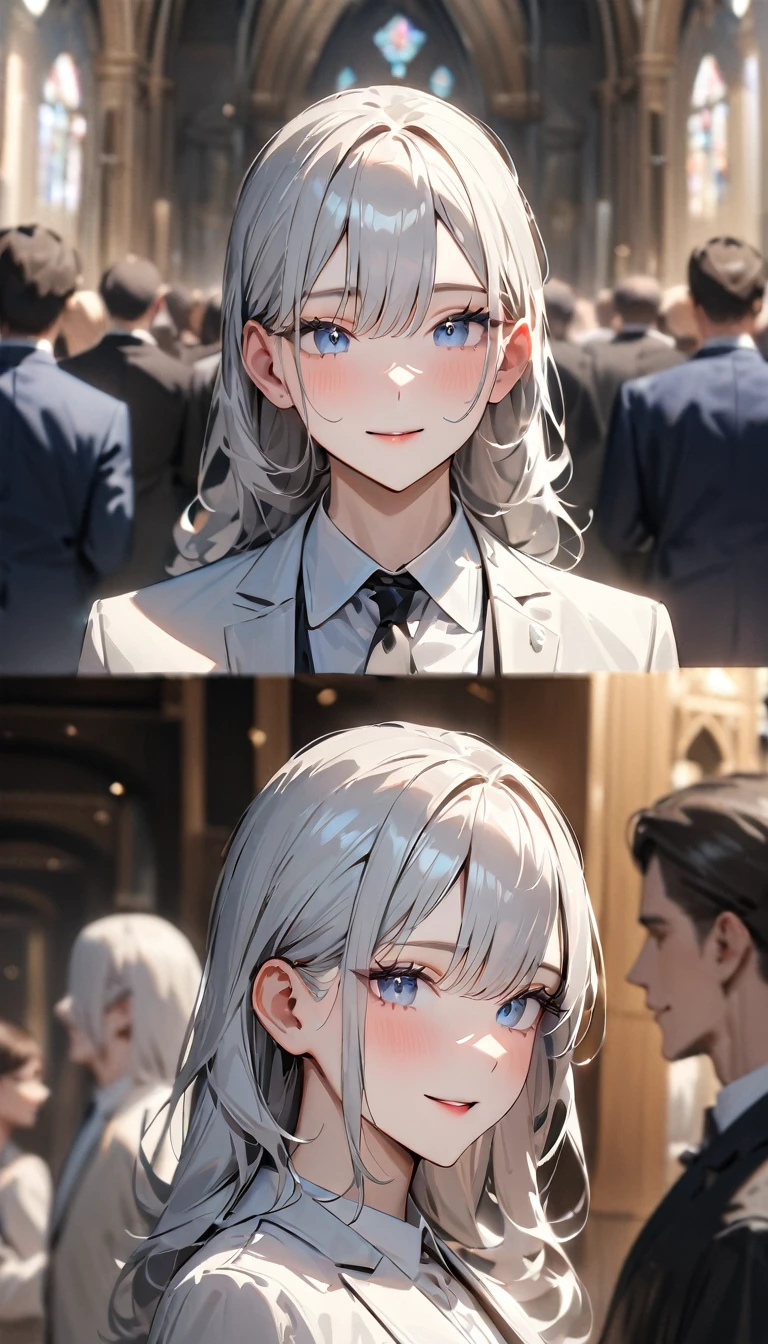masterpiece , modern, Verism, masterpiece, super detail, best quality,4K , (((head shot))),Beautiful man and woman wedding, Lined up next to each other,People who bless those around,Inside the church,Happy atmosphere,Blurred background