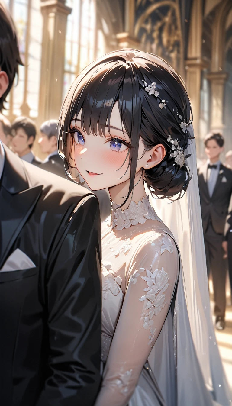masterpiece , modern, Verism, masterpiece, super detail, best quality,4K , (((head shot))),Beautiful man and woman wedding, Lined up next to each other,People who bless those around,Inside the church,Happy atmosphere,Blurred background