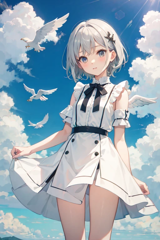 Angel、Gray Hair、Short Hair、Young Girl、Above the Clouds、Angelの輪っか、The clothes are pure white



