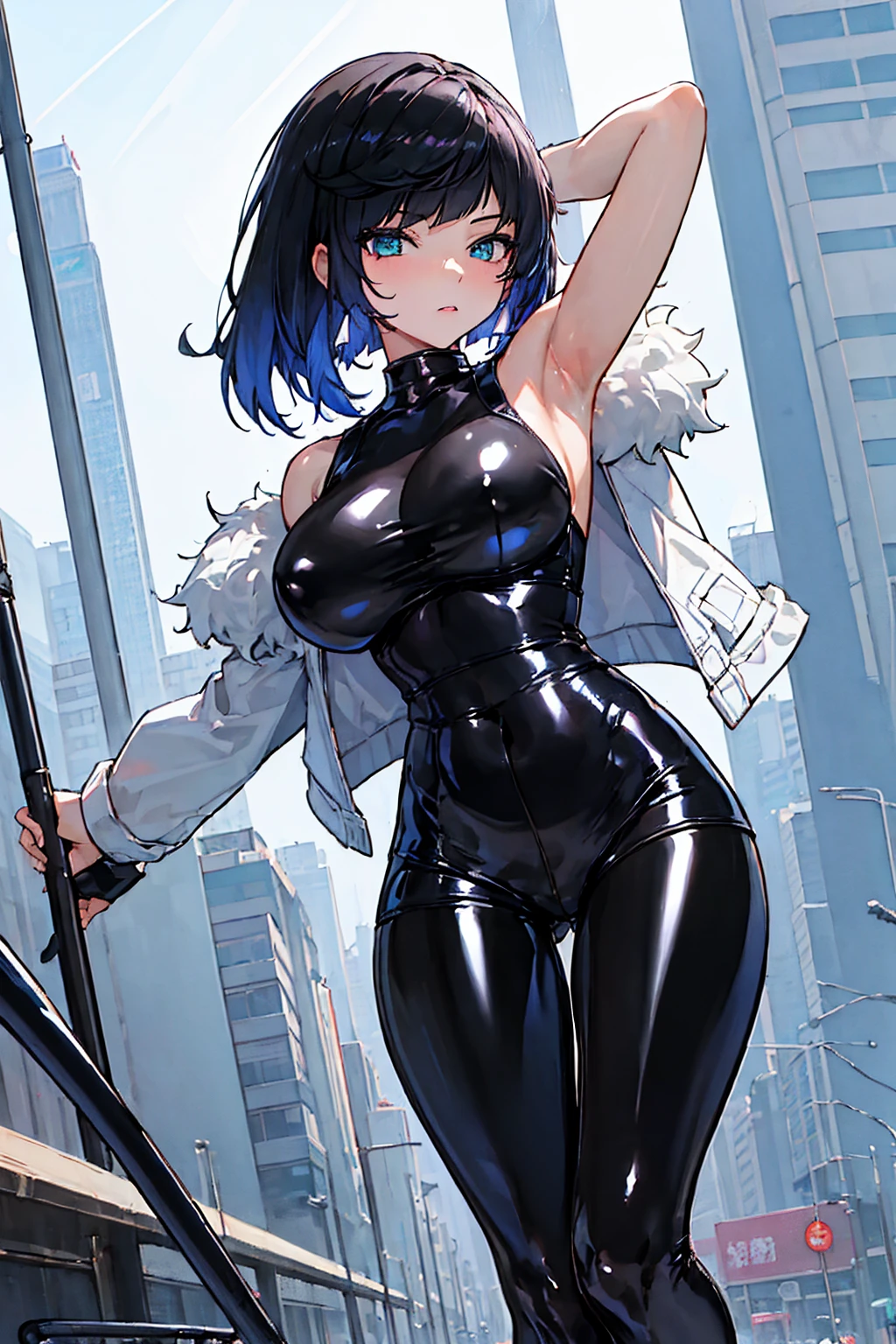 ((best quality)), ((masterpiece)), (detailed), wide open legs, close in view, visible tights, best anatomy, anime girl in black latex posing on the street, seductive anime girl, oppai, wearing latex, black shiny latex, visible armpits, pony tail behind