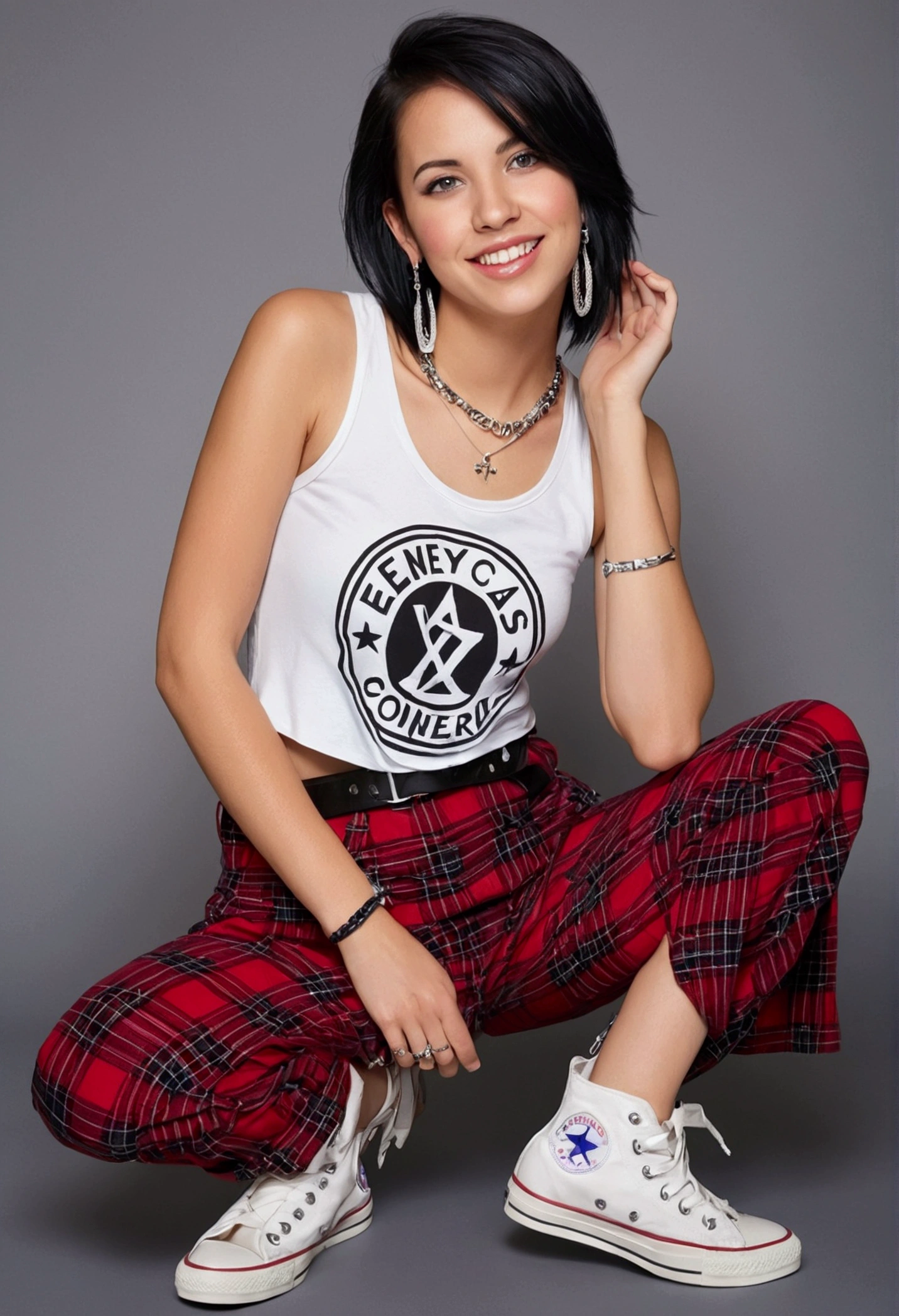 30 year old young woman, happy and flirtatious, black hair with violet highlights straight short to the neck, wears a white tank top with a rock logo, wears a red plaid miniskirt and tight leather pants underneath . Wear white and black converse sneakers. Small chains hang from the skirt belt. He wears piercings on his lower lip and two earrings in one ear.. green eyes.
