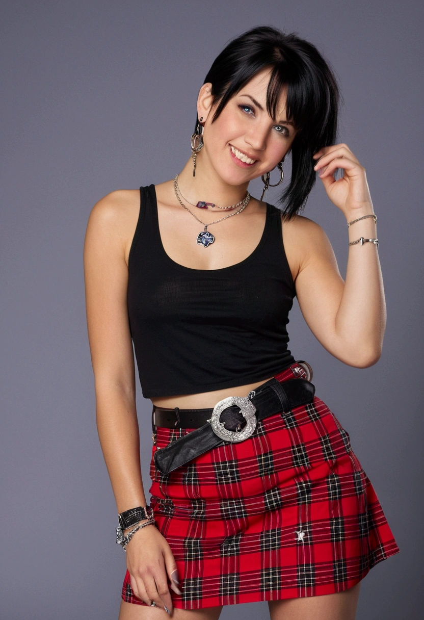 30 year old young woman, happy and flirtatious, black hair with violet highlights straight short to the neck, wears a white tank top with a rock logo, wears a red plaid miniskirt and tight leather pants underneath . Wear white and black converse sneakers. Small chains hang from the skirt belt. He wears piercings on his lower lip and two earrings in one ear.. green eyes.