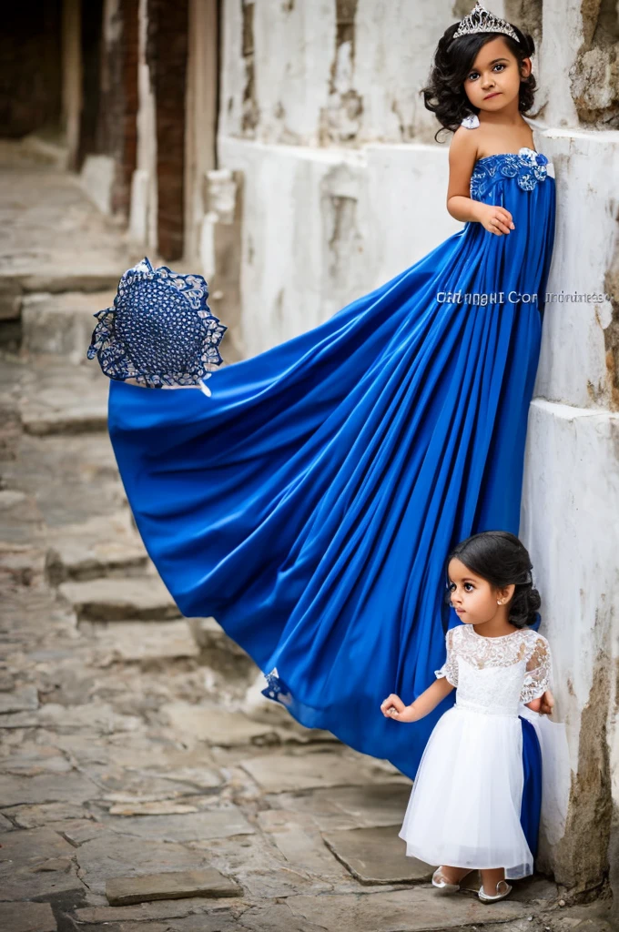 A beautiful and beautiful young princess with black hair with blue eyes, she is wearing her beautiful long white dress