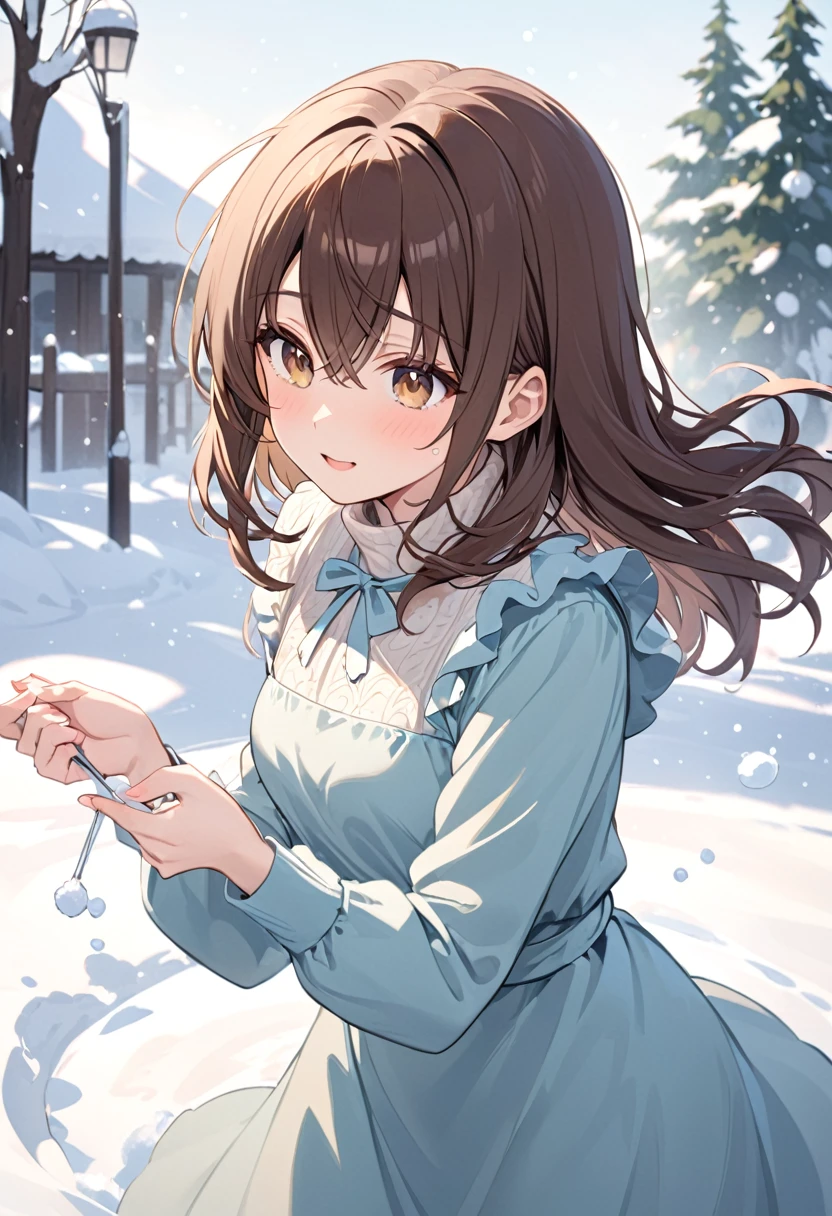 Woman with dark brown hair.Hazel eyes.She wears a winter dress.Playing in the snow