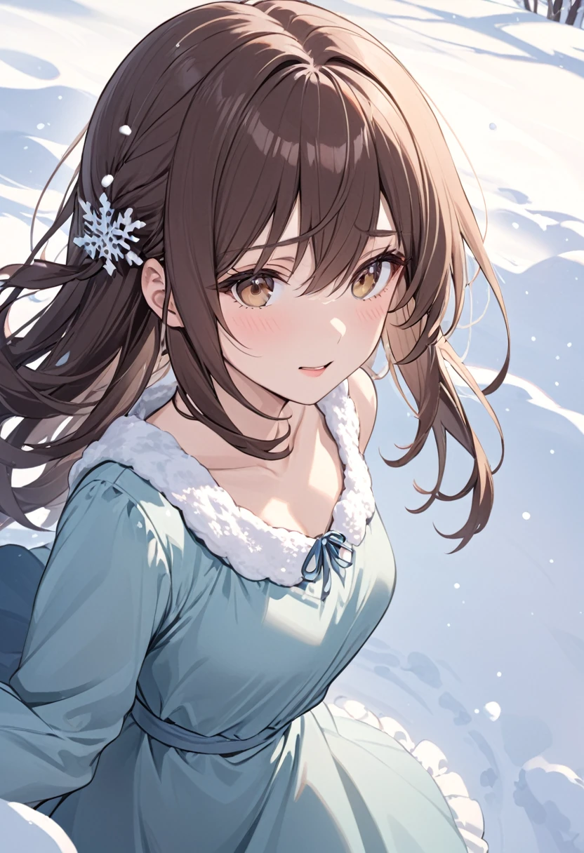 Woman with dark brown hair.Hazel eyes.She wears a winter dress.Playing in the snow