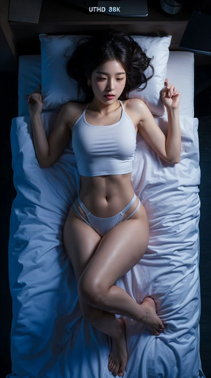 Create a realistic UHD 8K image of A young Korean woman with an curvy body shape, wearing a fitted white sleveeless thin-strapped halter tank top crop and gray thin strapped gstring, is sleeping. She has a large-sized chest. The photo is taken from above. The setting is a bedroom with dim lighting, and the camera is focused on the woman with light highlighting her entire body. weat body, big thigh. her legs spread aparts