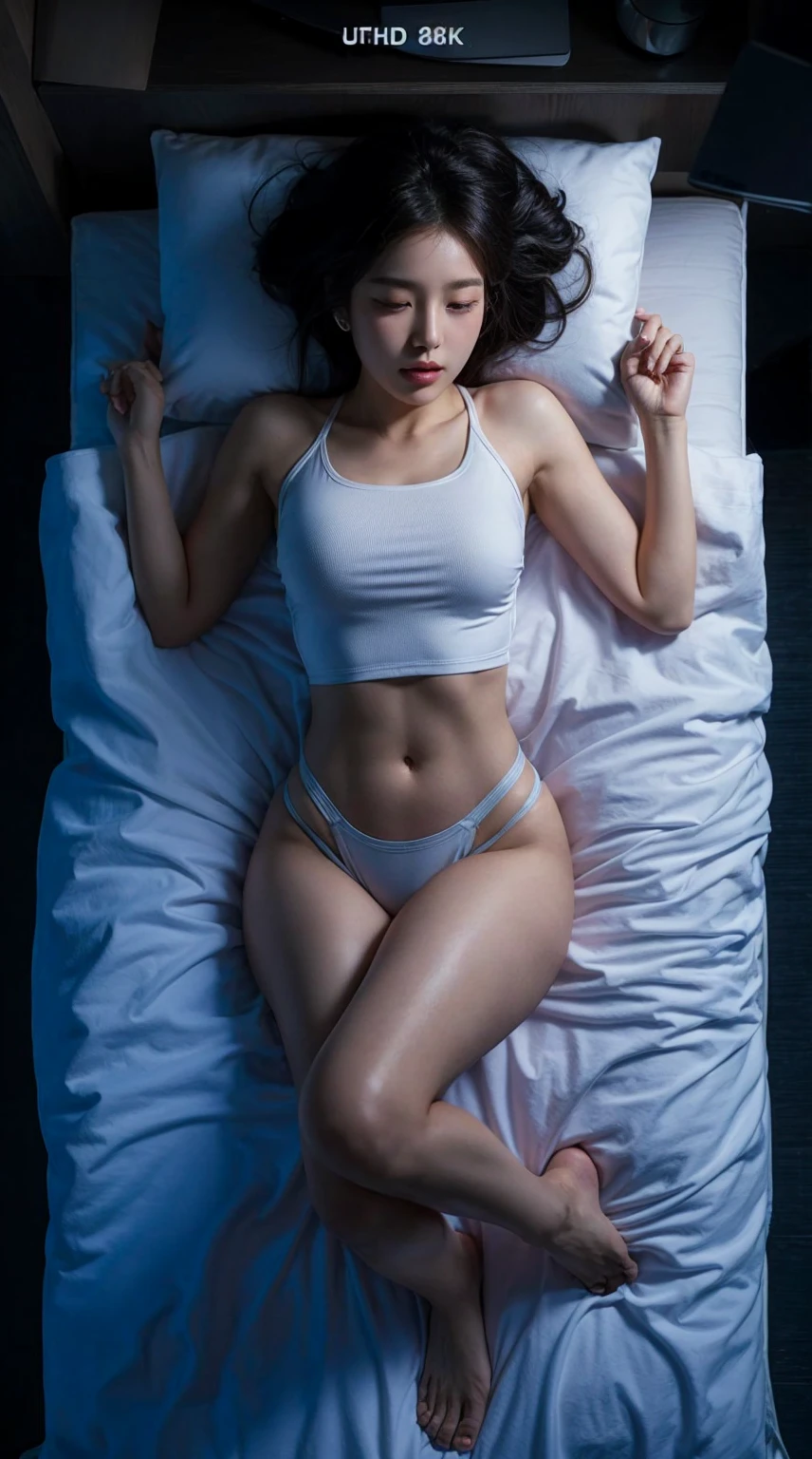 Create a realistic UHD 8K image of A young Korean woman with an curvy body shape, wearing a fitted white sleveeless thin-strapped halter tank top crop and gray thin strapped gstring, is sleeping. She has a large-sized chest. The photo is taken from above. The setting is a bedroom with dim lighting, and the camera is focused on the woman with light highlighting her entire body. weat body, big thigh. her legs spread aparts