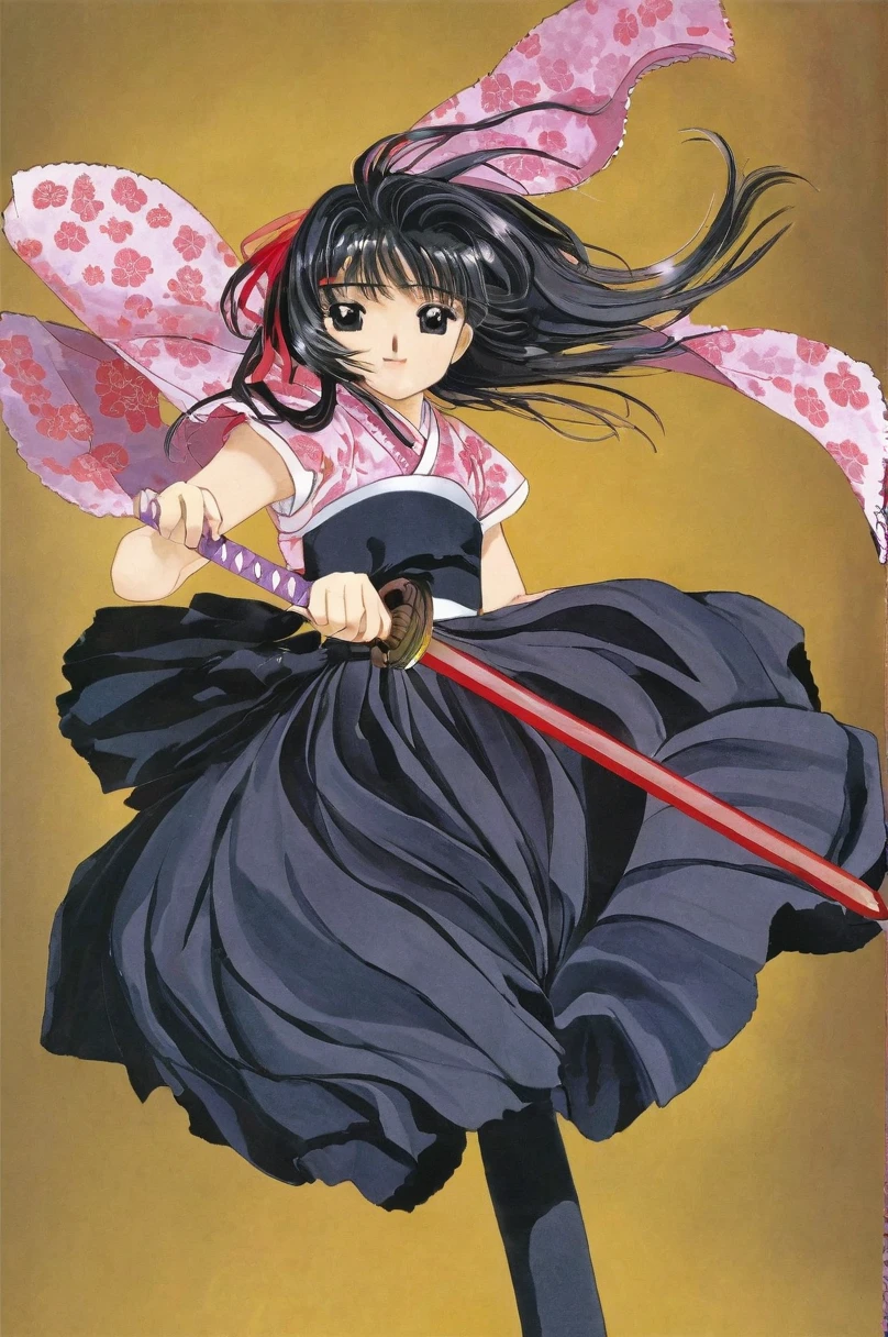 10 year old girl underwear, Sakura Shinguji、Realistic bloomers made from patterned cotton fabric, Japanese clothing and hakama, Fabric Realism, Low - Angle, I see bloomers, Pull up the dress by hand, Strong winds, Translucent slip, Translucent slip, tights, Highest quality, whole body、Black Hair、Holding a sword、Big ribbon in hair
