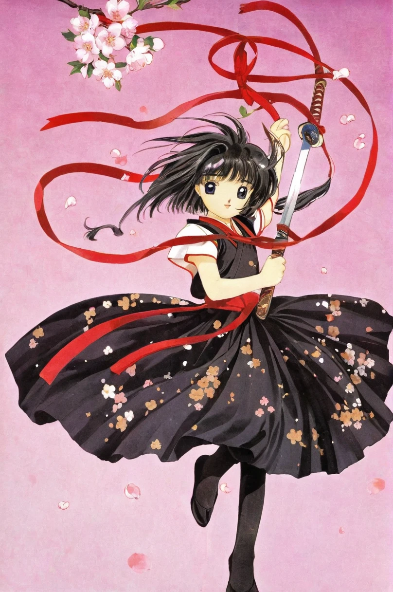 10 year old girl underwear, Sakura Shinguji、Realistic bloomers made from patterned cotton fabric, Japanese clothing and hakama, Fabric Realism, Low - Angle, I see bloomers, Pull up the dress by hand, Strong winds, Translucent slip, Translucent slip, tights, Highest quality, whole body、Black Hair、Holding a sword、Big ribbon in hair