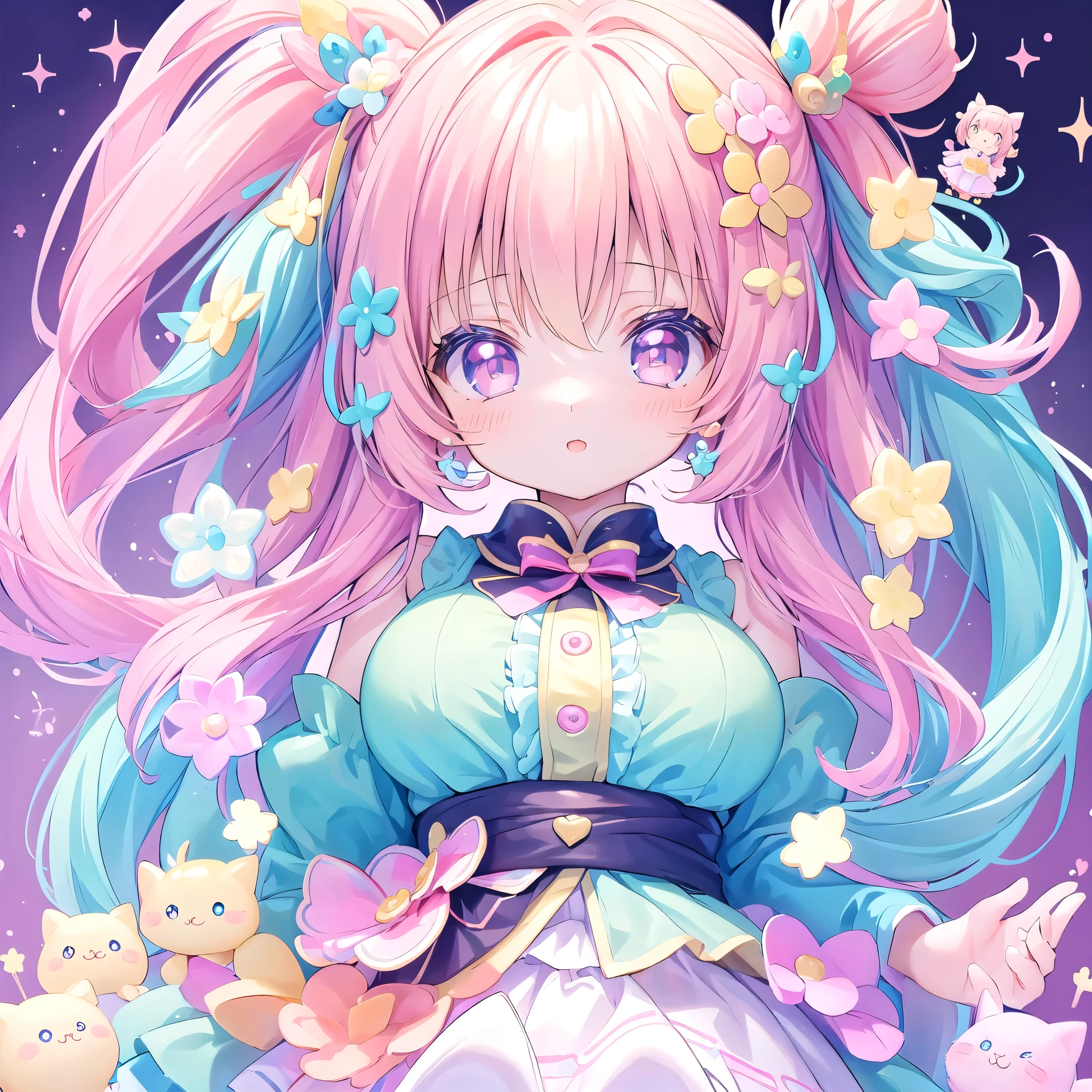 masterpiece, (million 2girls and 2girls and 2girls and 2girls), idol, closeup, big eyes, kawaiitech, kawaii, cute, pastel colors, best quality, happy, deep background, symmetrical, tilted head, spring、笑う