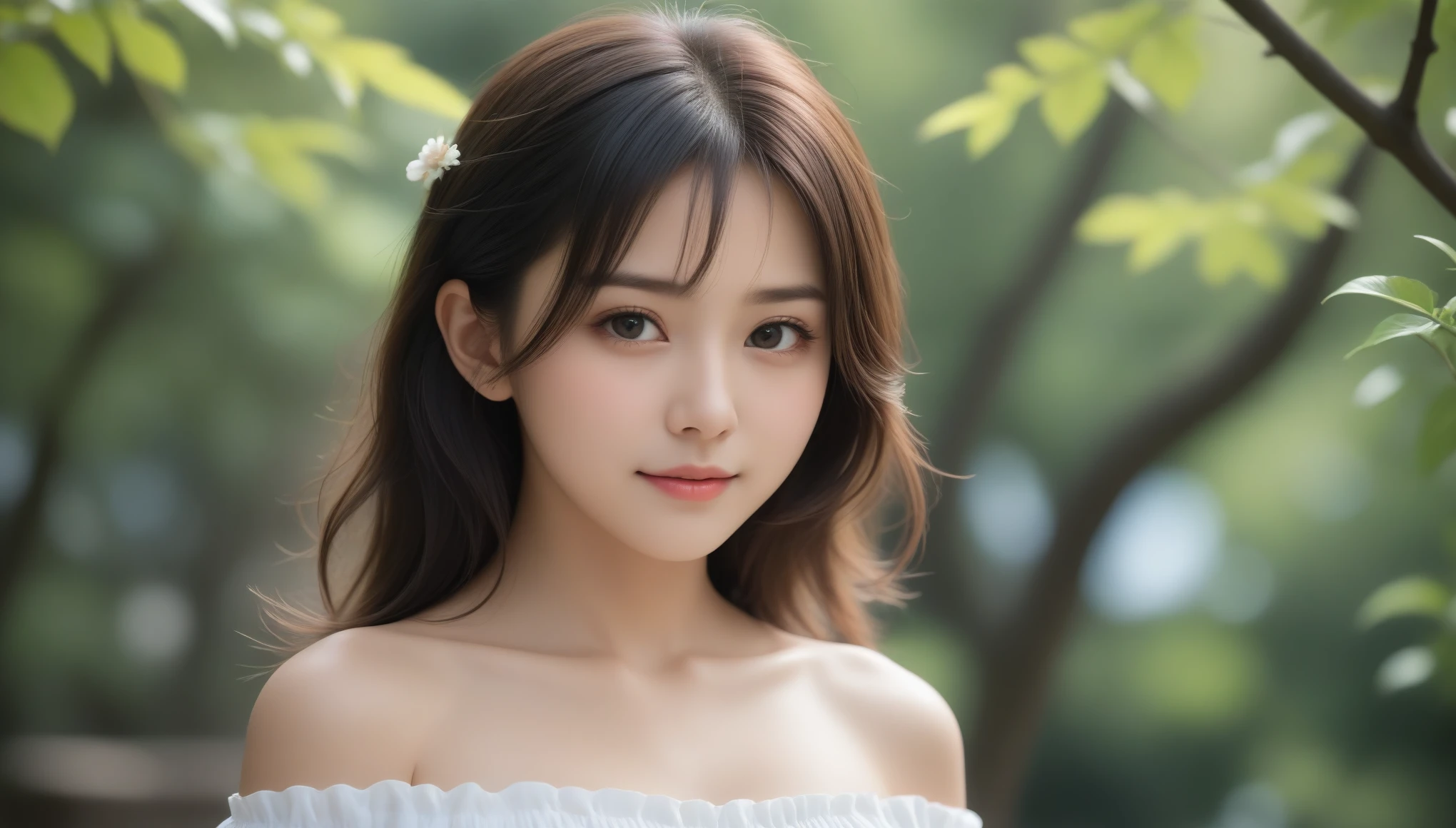 8k, Ultra-high resolution, Highest quality, masterpiece, 三分割法によるphotograph,Surreal, photograph, 1 Girl, (16 years old:1.3), pretty girl, Cute Face, Beautiful eyes in every detail, 細かくdetailedに,masterpiece,One Girl:1.2, Japan Female Announcer,extream close up,smile,Black Hair,Messy hair,street tree,Urban area,Young Wife,healthy,Off the shoulder,Natural Makeup,Beautiful clavicle,Realistic Skin, Perfect and beautiful face ,完璧でCute Face, Skin with attention to detail, Perfect limbs、Narrow waist、Thin legs),Looking at the audience、beauty,Long neck、(((Ideal body type))),A cup small breasts :2,Portraiture:2,Perfect Anatomy,鮮明なdetailed,detailed,Surreal,Light and shadow,dappled sunlight
