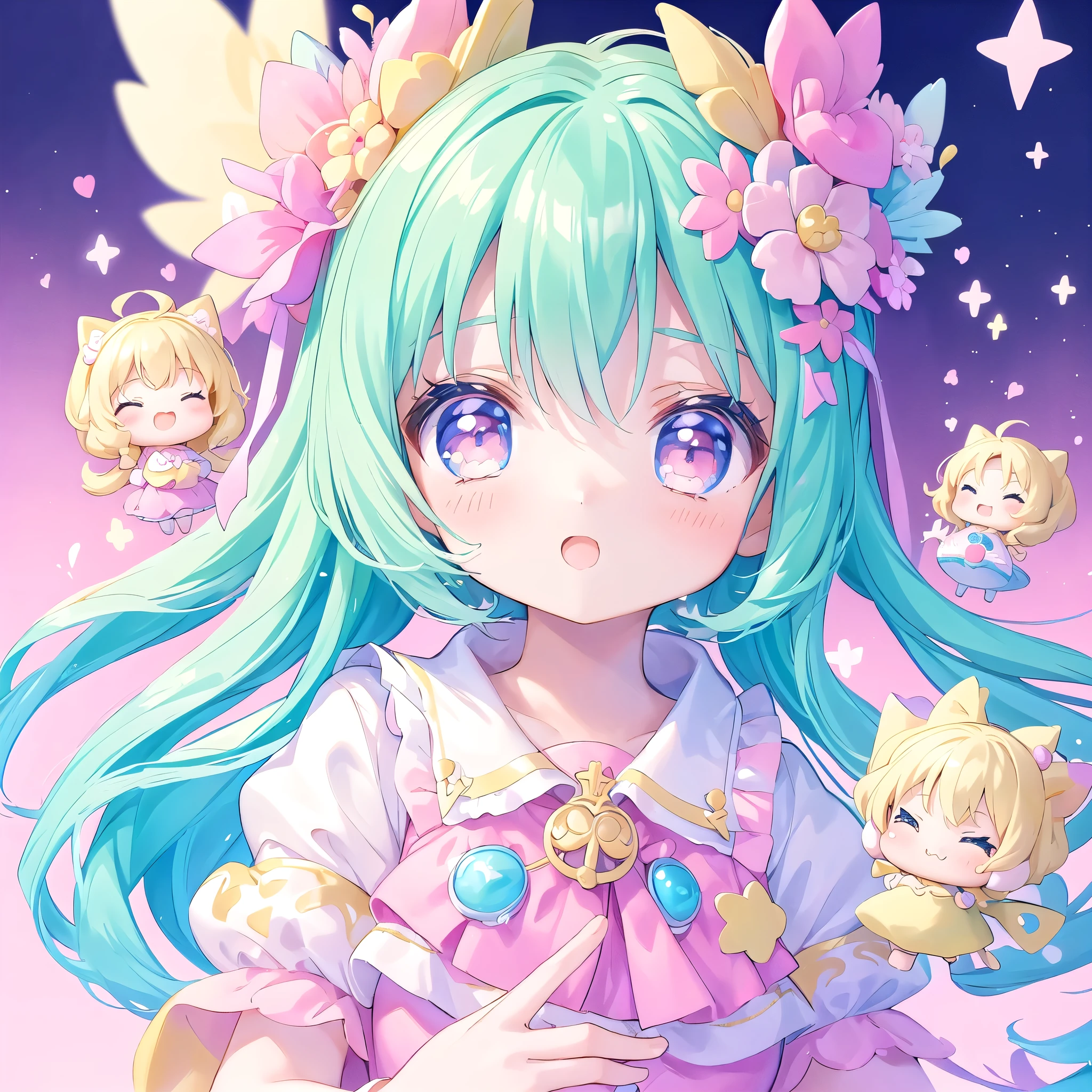 masterpiece, (million 2girls and 2girls and 2girls and 2girls), idol, closeup, big eyes, kawaiitech, kawaii, cute, pastel colors, best quality, happy, deep background, symmetrical, tilted head, spring、笑う