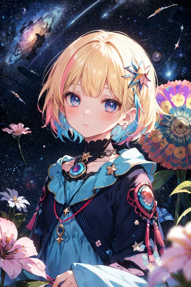 Melody Mark,Highest quality、Tabletop、1 Female、solo、(Abstract art:1.4),(Psychedelic Theme:1.6),(Gunjo World:1.5),(Lots of creatures:1.5),(Space World:1.5),(At the center of the world is the most beautiful woman in the world),(Many stars are falling:1.5),A ray of light spreads,Crystals spreading from the center,Prisma(Nostalgic scenery:1.5),(Colorful flowers:1.5),Garden Girl,Absurd, Ultra-detailed,Bright colors, Very beautiful and detailed anime faces and eyes,short hair,Asymmetrical bangs, Blonde hair in short pigtails, Shiny Hair, Delicate and beautiful face, blush、blue eyes, White skin, Barrette, Earrings, necklace,