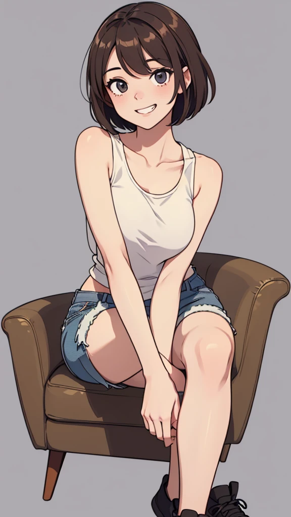 (((masterpiece, best quality, ultra highres, 1 girl, solo, no background))), super detailed skin and face and eyes and finger, beautiful japanese woman, small breasts:1.5, skinny, light brown hair, white background, very short pixie hair, Knee shot, Generate with illustrations, Various expressions, Various poses, Please draw the entire character within the frame, ensuring that the head, arms, and legs are not cut off. The background should be simple, with the character positioned centrally, outline, anime, 2d, boyish, smile showing teeth, tank top, denim shorts,