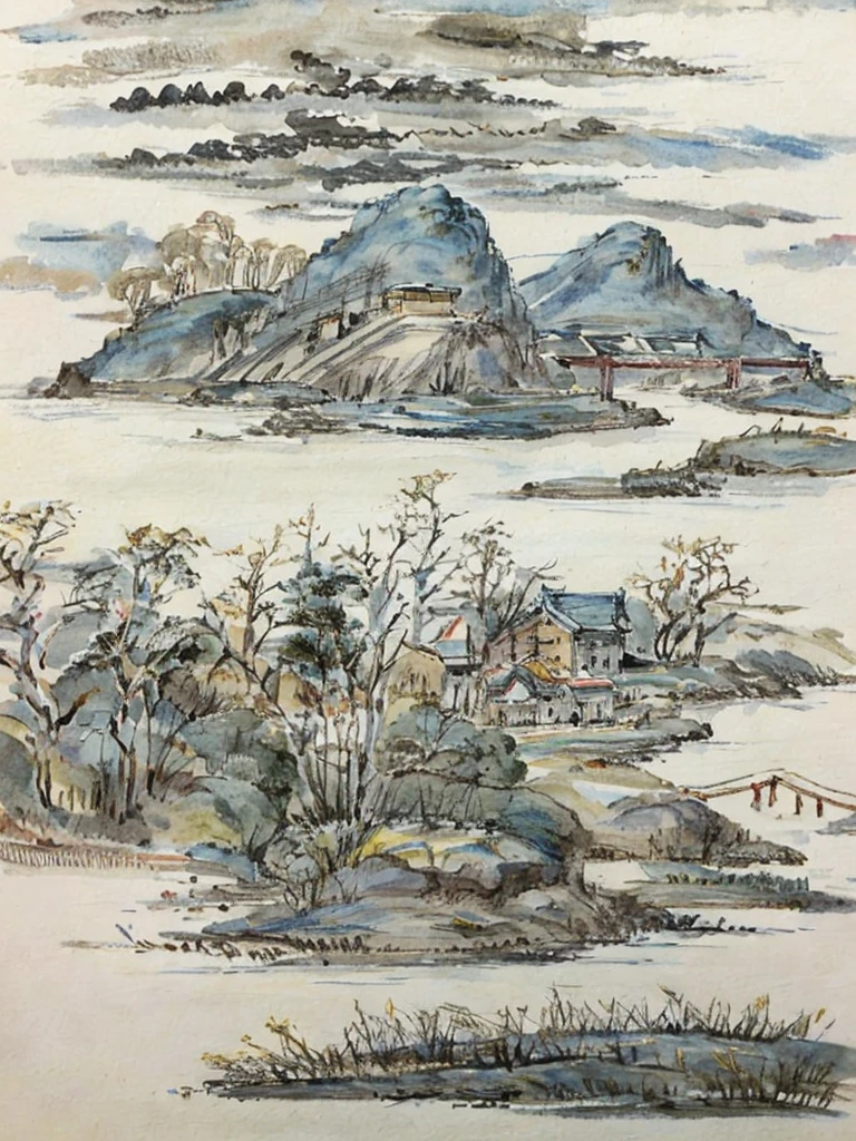 Close-up of a painting of a mountain and a bridge, Chinese scenery, traditional Chinese painting, 老Chinese painting, Chinese painting, Chinese painting style, museum ink painting, Inspired by Wang Yuanqi, traditional Chinese ink painting, Chinese ink painting, traditional Chinese Arts, Chinese ink painting, kiyo, Chinese Arts, Inspired by Zhang Shunzi