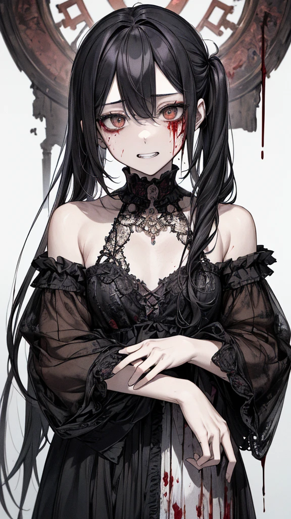 (masterpiece:1.2, Highest quality), (Actual Photos, Intricate details), (1 female, alone,whole body、Small breasts) ,Scary atmosphere、Distorted facial expressions、Blood splatter、Cuts on the face、burns on the face、Punk Fashion、Long Hair、Long Bangs、Twin tails、Black Hair、(((Dark circles under the eyes)))、Pale skin、Pathological、Crazy smile、Crazy eyes、(Grin)Dramatic makeup,Create mixed media art、White Background