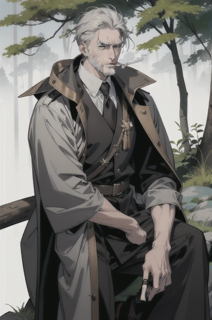 A white ex-military man in his 40s。Gray Hair。Brown cape。The background is a forest。Sitting on a big rock。Smoking a cigarette。There is a sword nearby。solo, Overlooking, Close your mouth, beard, Frowning,
