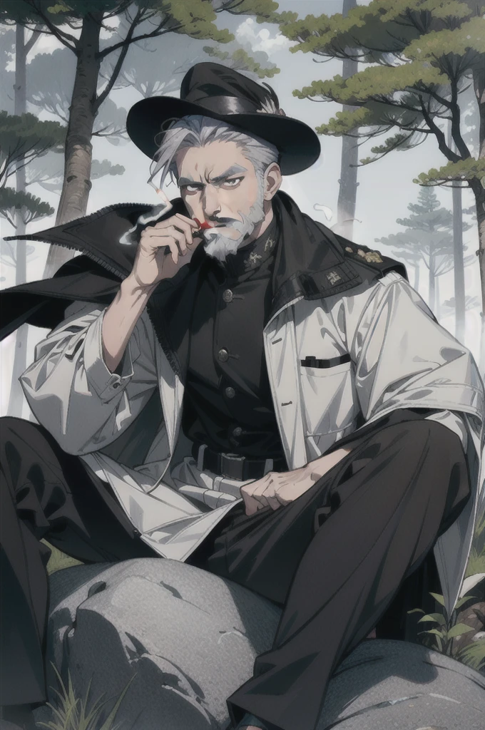 A white ex-military man in his 40s。Gray Hair。Brown cape。The background is a forest。Sitting on a big rock。Smoking a cigarette。There is a sword nearby。solo, Overlooking, Close your mouth, beard, Frowning,