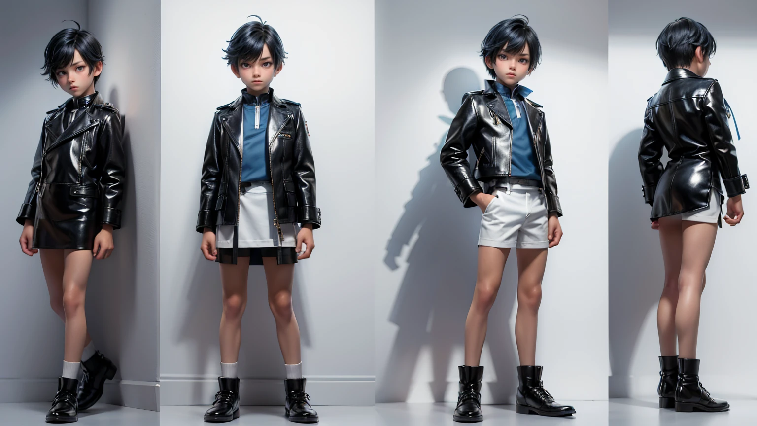 full body straight standing pose boy, cute face boy, 12yo student, Front Full body, blue side style hair, wearing leather style dress, white background, simple white background, character sheet,
