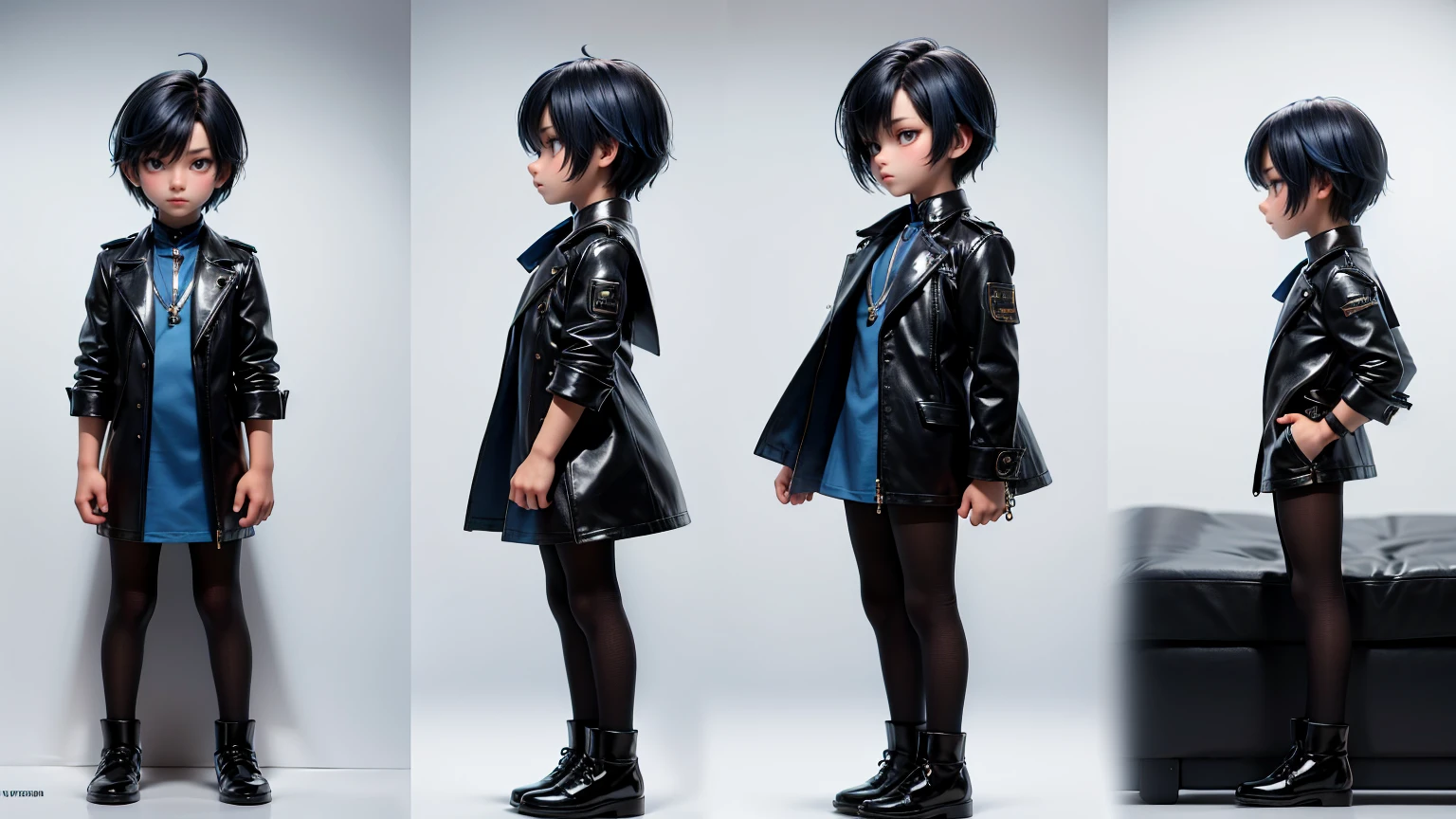 full body straight standing pose boy, cute face boy,  12yo student, Front Full body, blue side style hair, wearing leather style dress, white background, simple white background, character sheet,