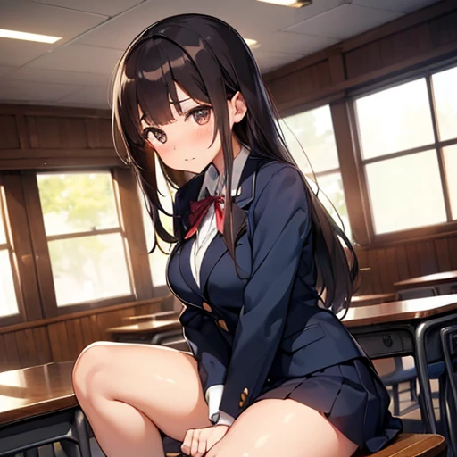 ((((Tabletop, Highest quality, Highest quality, One Girl, alone, Beautiful Anime、Detailed Images))))、18-year-old、Slender、Large Breasts、Thin thighs、((Dark brown hair、straight、Long Hair、Brown eyes、Round eyes、Clear a division、、)),((School、classroom))、((Dark Blue Blazer、Dark Blue Skirt、、ribbon、loafers)))、Surprised face、Annoyed expression、Open your mouth、Eyes Wide Open、Browsing Caution、(((、Fluid overflowing from the female genitals、Fluid overflowing from the female genitals、Dildo、Spread your legs、Insert、Masturbate、)))、(sitting on a wooden chair、Side shot)、Above the knees photo、