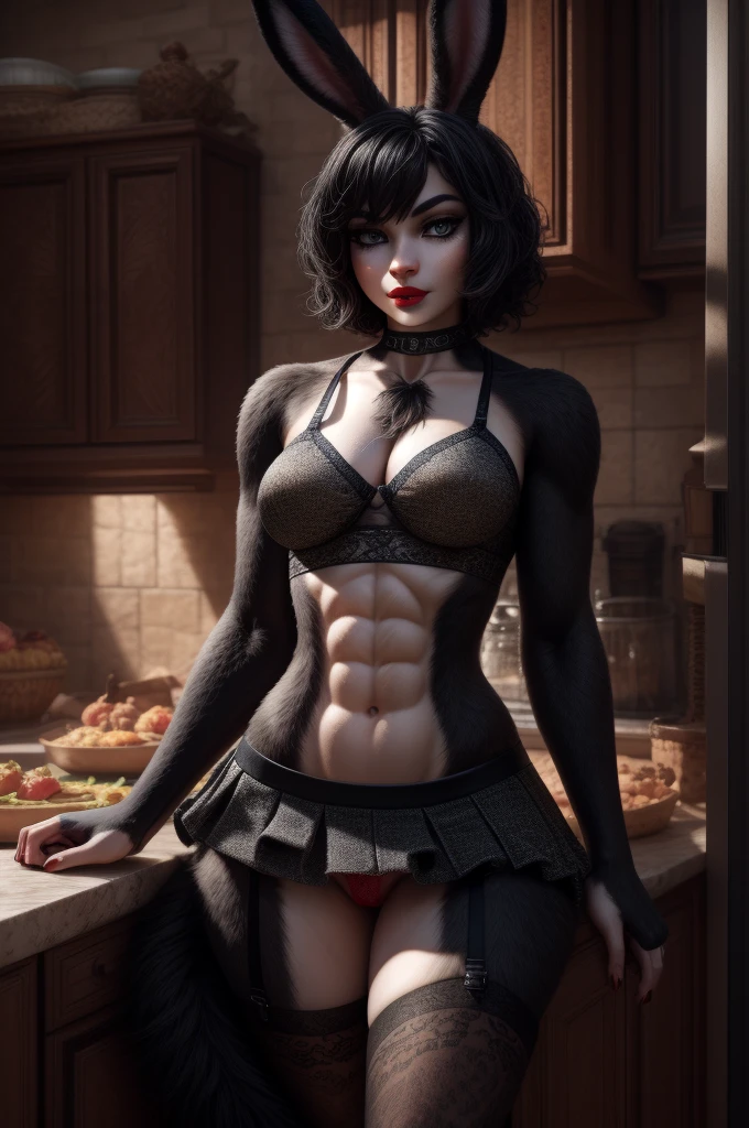 masterpiece, photorrealistic,real texture,work of art,details Intricate,hyper detailed,32k resolution,dynamic lighting,hyper detailed,intricately detailed,ultra sharp resolution,realistic depth,front view,hiding pussy,(pale skin),(black skin covered in black makeup:1.3),(looking ahead at viewer:1.4),18yo,muscular legs,(Little bunny:1.4),naughty bunny,perfects eyes,(striking grey eyes:1.2),eyelash,Short hair bob cut,Wavy hair,(bright black hair:1.4), pleasure smile,sexily,kitchen,(red lip gloss stick:1.2),heavy make-up,Waist slender,fleshy Lips,big-ass,peach ass,long_hips,narrow waist,thick-thighs,(six-pack abs:1.2),(SN8 STYLE:1.4), (average fur size:1.2),REALISTIC SKIN DEPTH,medium sized fur,(detailed tail:1.4,(black fur:1.4),fluffy tail,(micro skirt:1.4),(garter-belt:1.2),(string top:1.2),holding guns,(string panties:1.2),(police girl:1.2)