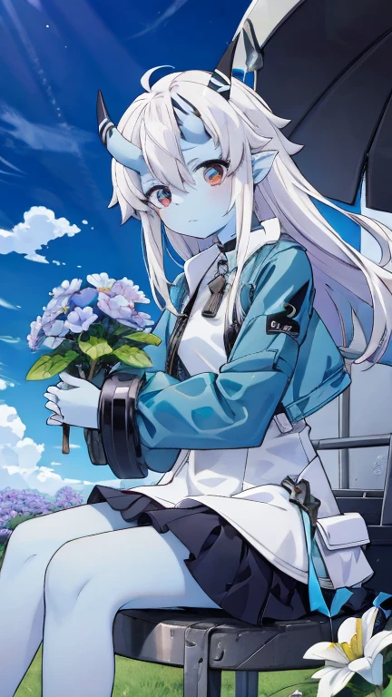  1 girl, white frill dress, blue flower field, sunlight, blue sky, buzzer, white beret, brown hair, Blue eyes, princess long hair, short height, she sits barefoot on flowers, soukaku (zenless zone zero) Ashen Horns Zero,