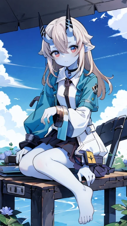  1 girl, white frill dress, blue flower field, sunlight, blue sky, buzzer, white beret, brown hair, Blue eyes, princess long hair, short height, she sits barefoot on flowers, soukaku (zenless zone zero) Ashen Horns Zero,