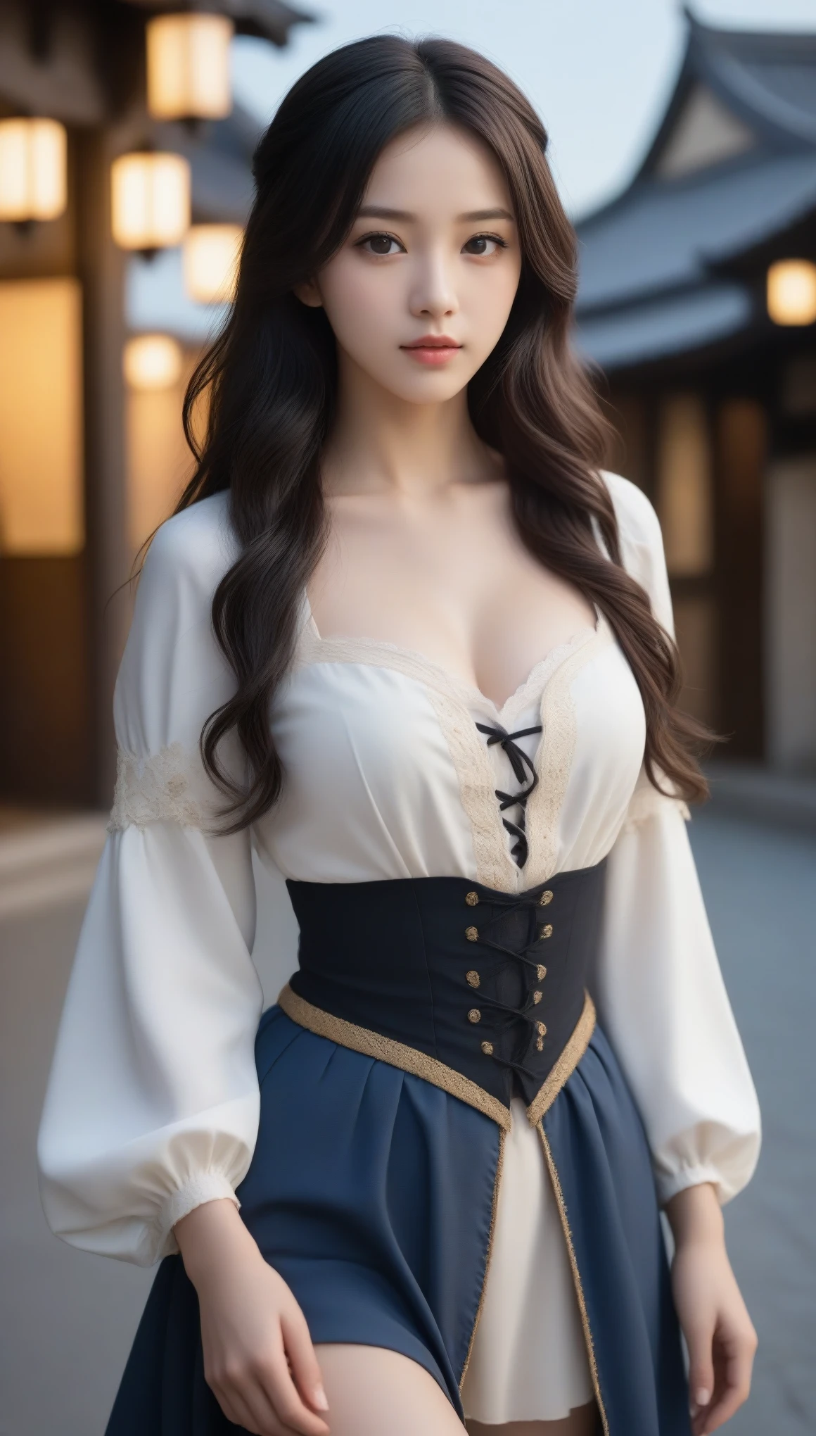 8k, Ultra-high resolution, Highest quality, masterpiece, 三分割法によるphotograph,Surreal, photograph, 1 Girl, (:1.3), pretty girl, Cute Face, Beautiful eyes in every detail, 細かくdetailedに,masterpiece,One Girl:1.2, Japan Female Announcer,full body,disgust,Long black hair,Loose curly hair,(Dressed in medieval European clothing:1.3),(印象派の美しい少女のPortraiture), (Standing in a medieval European square:1.3), (After the Rain), (Sunset reflection), (Impressionist light and colour),Beautiful leg line beauty,Realistic Skin, Perfect and beautiful face ,完璧でCute Face, Skin with attention to detail, Perfect limbs、Narrow waist、Thin legs),Looking at the audience、beauty,Long neck、(((Ideal body type))),A cup small breasts :2,Portraiture:2,Perfect Anatomy,鮮明なdetailed,detailed,Surreal,Light and shadow,darkness