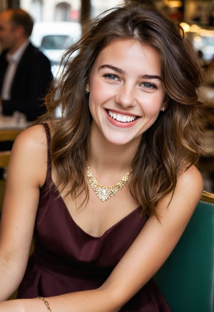20-year-old French girl, sitting in a brunette dress and a pretty necklace , yeux de couleurs marrons foncé, grand sourire EN TRAIN DE RIRE LA MAIN DEVANT LA BOUCHE , Messy hair but not too messy, photos dans une boutique des sac a main 