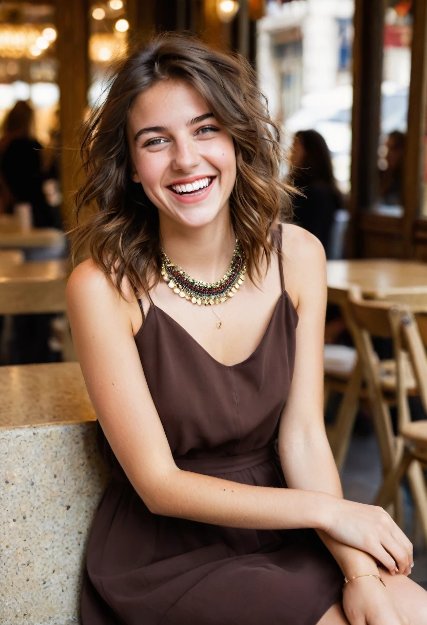 20-year-old French girl, sitting in a brunette dress and a pretty necklace , yeux de couleurs marrons foncé, grand sourire EN TRAIN DE RIRE LA MAIN DEVANT LA BOUCHE , Messy hair but not too messy, photos dans une boutique des sac a main