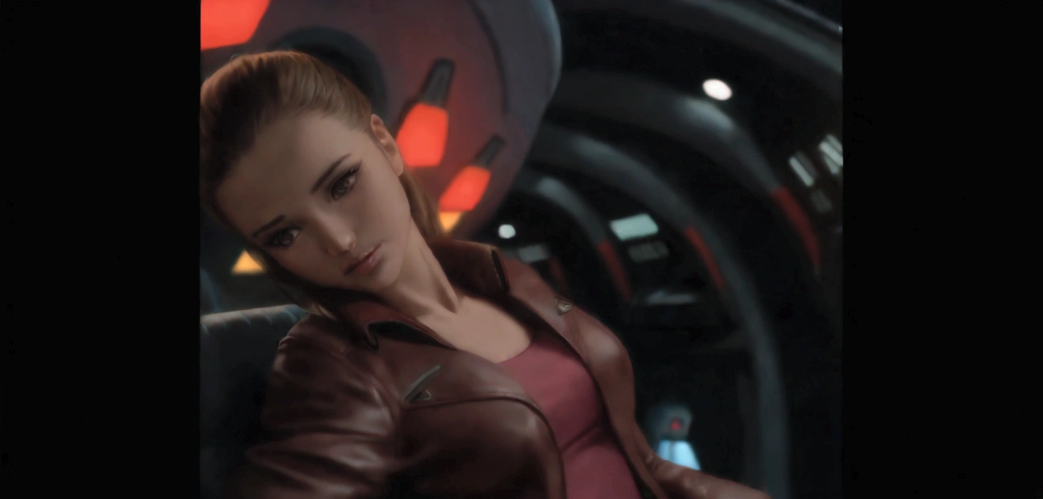 Arafed woman in a leather jacket leaning on a large tire, Natalie Portman and Star Trek, Kristanna Loken, in a science fiction movie, Emma Watson and Star Trek, eve movie online still, iconic shot, Picard at starboard, aesthetic shot, cinematic shot, depicted as a science fiction scene, sitting sad in a spaceship, science fiction movie still
