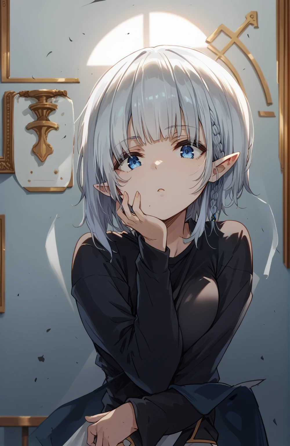 short hair,silver hair,blue eyes,elf,black shirt,big breast,looking down on viewer
