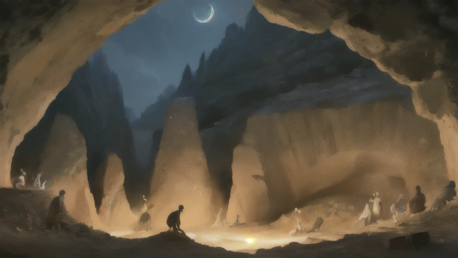 ((best quality)), ((masterpiece)), (detailed), A digital illustration of small crowd of ancient people wearing ancient attire digging a big hole at night