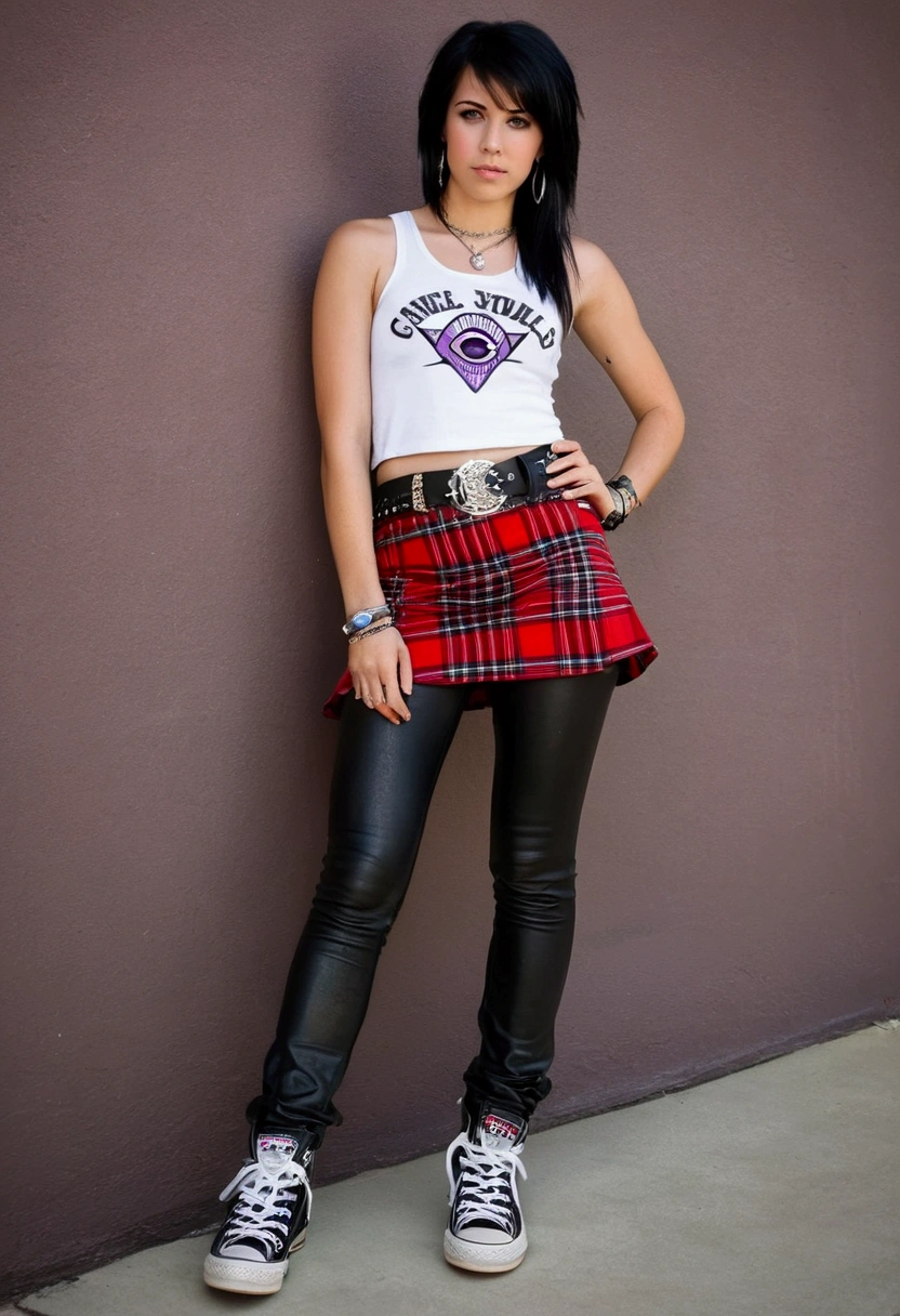 30 year old young woman, black hair with violet highlights straight short to the neck, wears a white tank top with a rock logo, wears a red plaid miniskirt and tight leather pants underneath . Wear white and black converse sneakers. Small chains hang from the skirt belt. He wears piercings on his lower lip and two earrings in one ear.. green eyes. 
