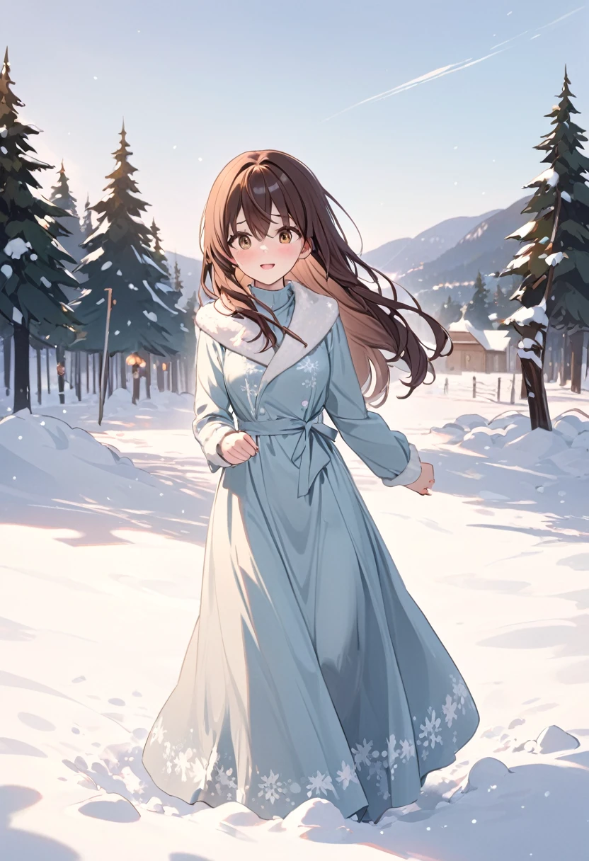 Woman with dark brown hair.Hazel eyes.She wears a winter dress.Playing in the snow