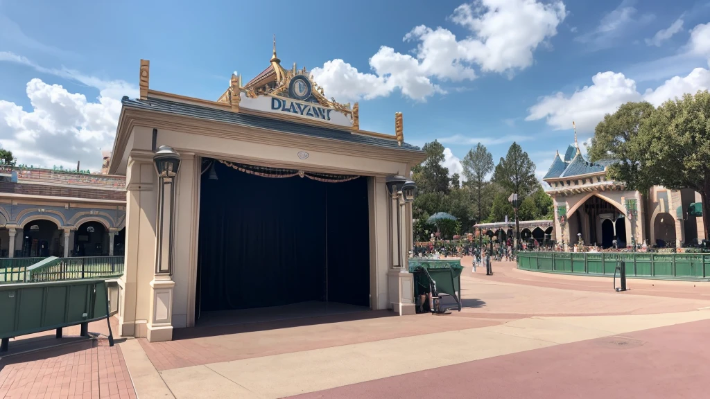A photo of the front of an empty Disneyland outdoor stage during the day