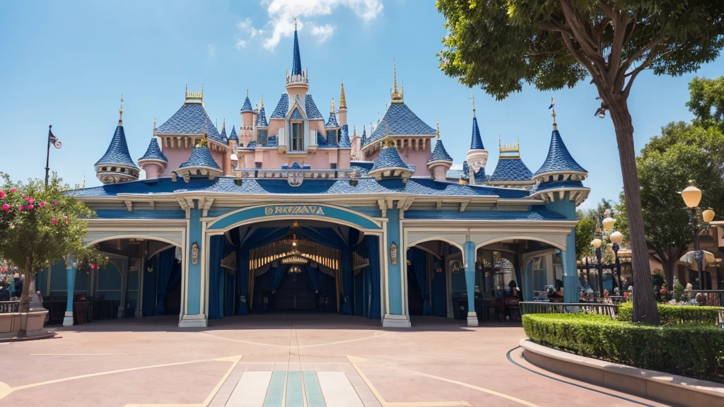 A photo of the front of an empty Disneyland outdoor stage during the day