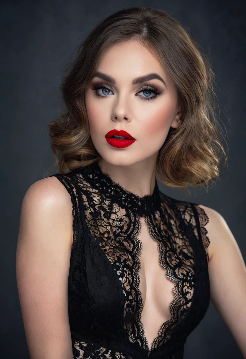 there is a woman with a black dress and a red lipstick, dressed in black lace, visible, nude, glamour portrait, lacey, portrait stunning, 4 k glamour photography, black lace, glamour photography, beautiful, photoshoot portrait, high quality portrait photoshoot, full face and body portrait, dark and intricate, cait miers, beatiful eyes