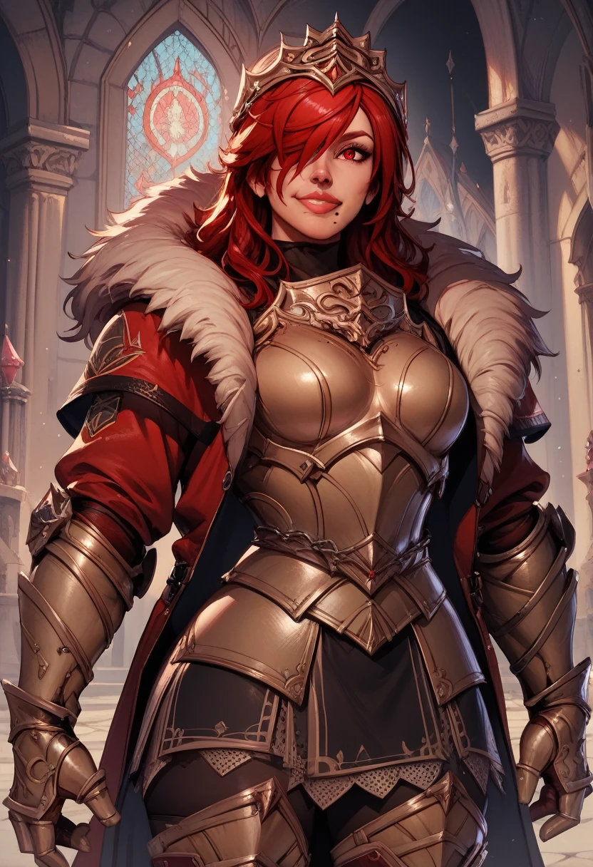 score_9,score_8_up,score_7_up,
hildexl,red hair,lips,hair over one eye,red eyes,mole under mouth,
armor,gauntlets,fur trim,breastplate,thighhighs,red coat,head crown,looking at viewer,light smile,
standing,
European castle,
